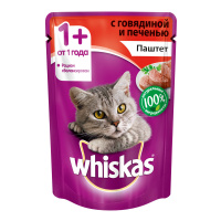 WHISKAS влажный корм для взрослых кошек паштет из говядины с печенью 85 г