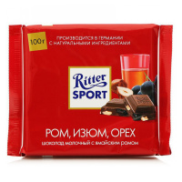 RITTER SPORT шоколад молочный Ром, Изюм, Орех 100 г