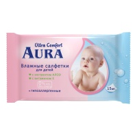 AURA Влажные салфетки Ultra Comfort для детей 15 шт